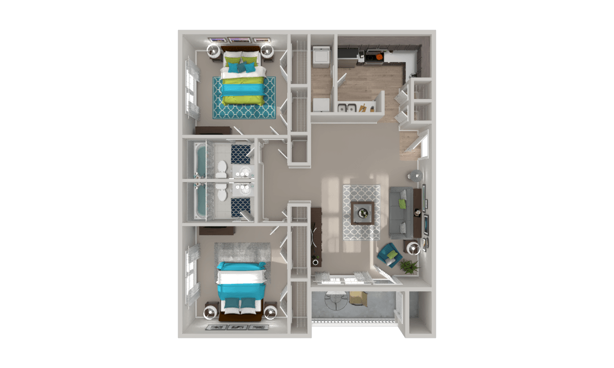 Floor plan for 2 beds, 2 baths, 1047 sqft